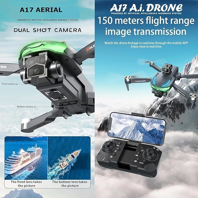 A17 Aerial Foldable HD Camera Drone | WiFi FPV Quadcopter with Optical Flow, Gesture Control