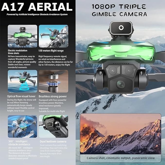 A17 Aerial Foldable HD Camera Drone | WiFi FPV Quadcopter with Optical Flow, Gesture Control