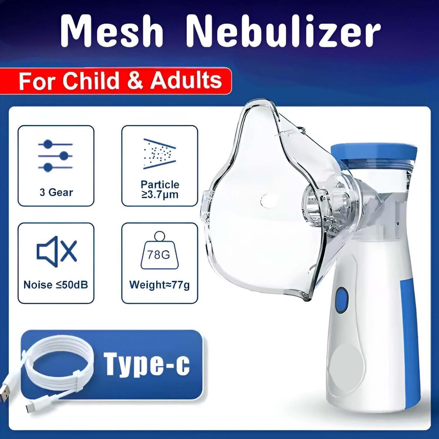 Portable Mesh Nebulizer for Adults & Kids, Handheld Nebuliser Machine with 1 Mouth piece - (White)