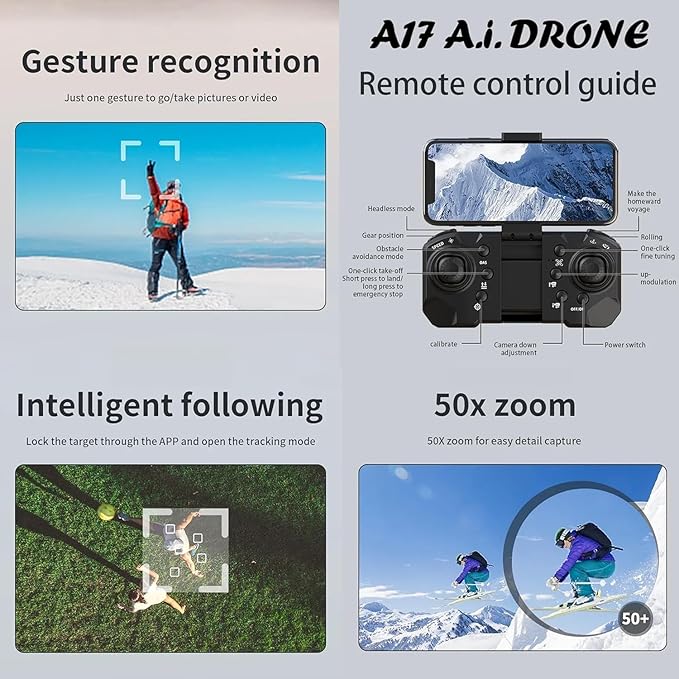 A17 Aerial Foldable HD Camera Drone | WiFi FPV Quadcopter with Optical Flow, Gesture Control