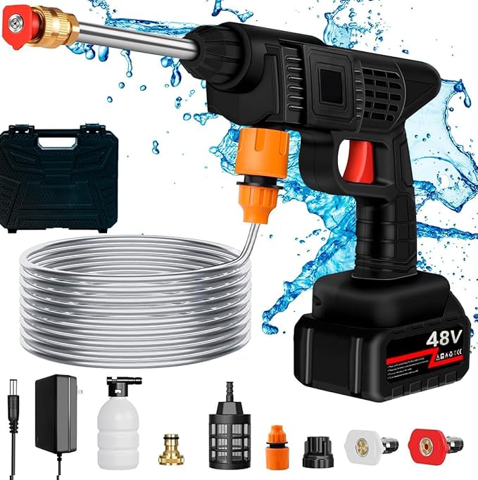 Cordless Pressure Washer, 48V Lithium Battery, 40cm Extension Rod, Dual Nozzle with Carrying Case